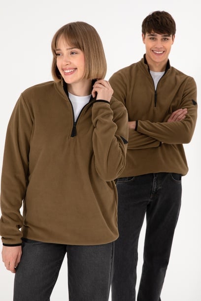 Erkek Yarım Fermuarlı Haki Basic Polar Sweatshirt