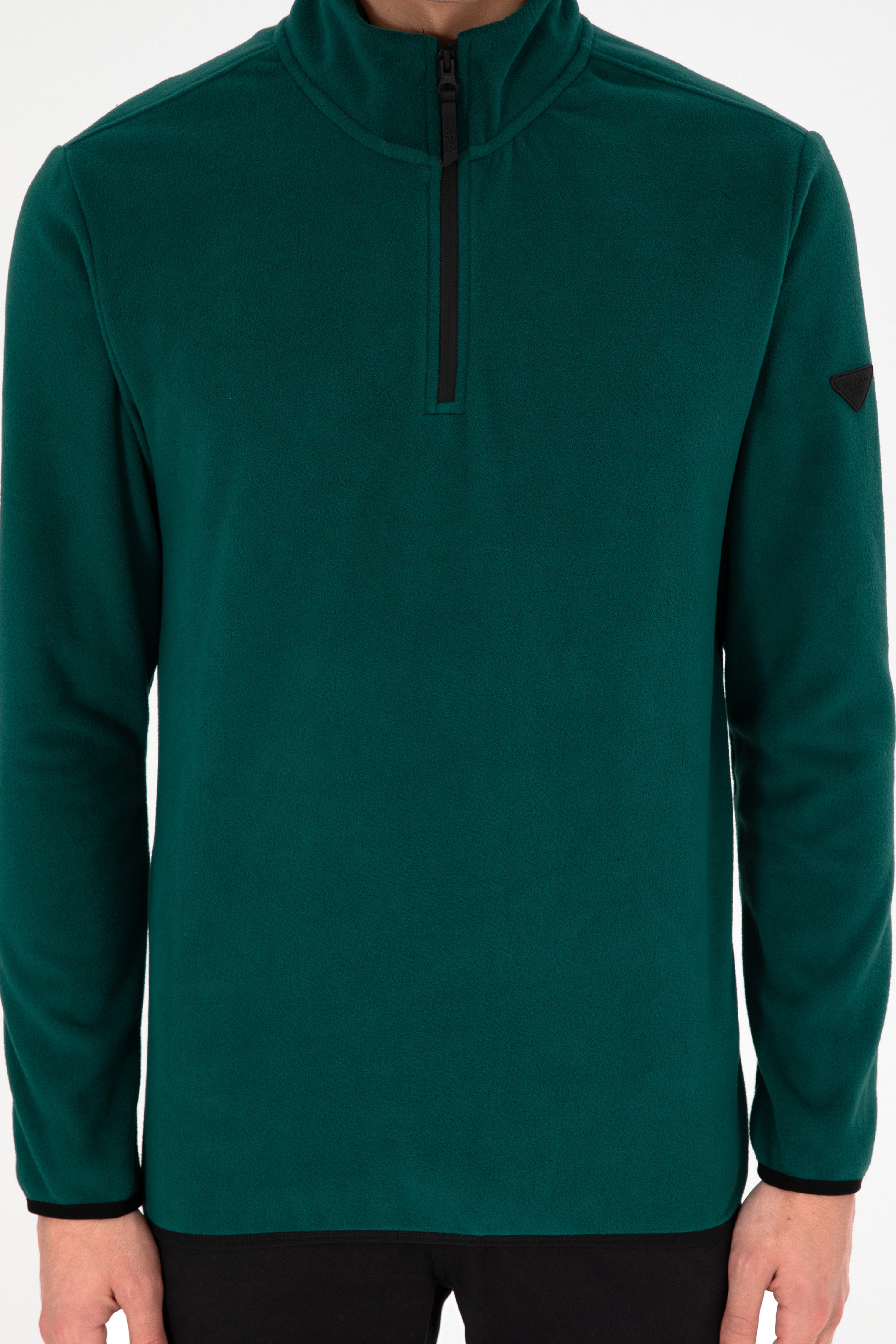 Erkek Yarım Fermuarlı Koyu Yeşil Basic Polar Sweatshirt