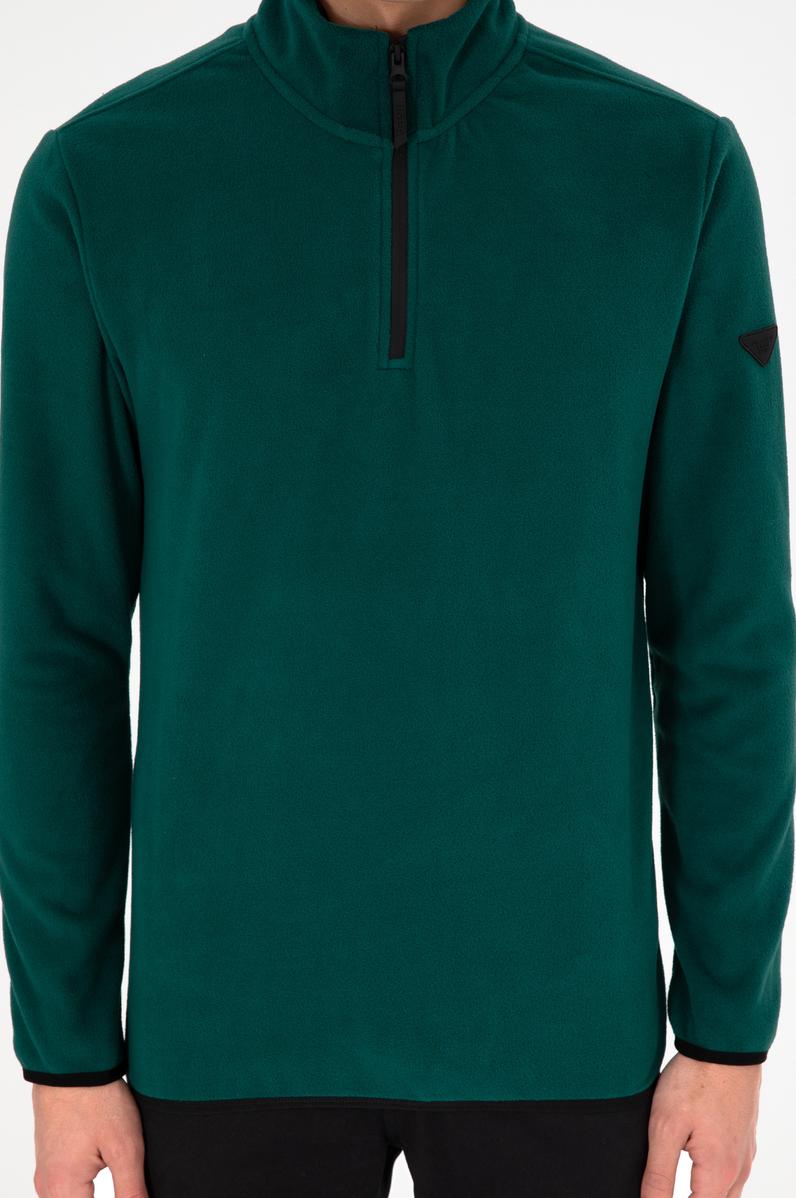 Erkek Yarım Fermuarlı Koyu Yeşil Basic Polar Sweatshirt