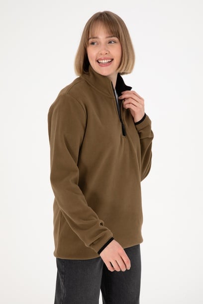 Erkek Yarım Fermuarlı Haki Basic Polar Sweatshirt