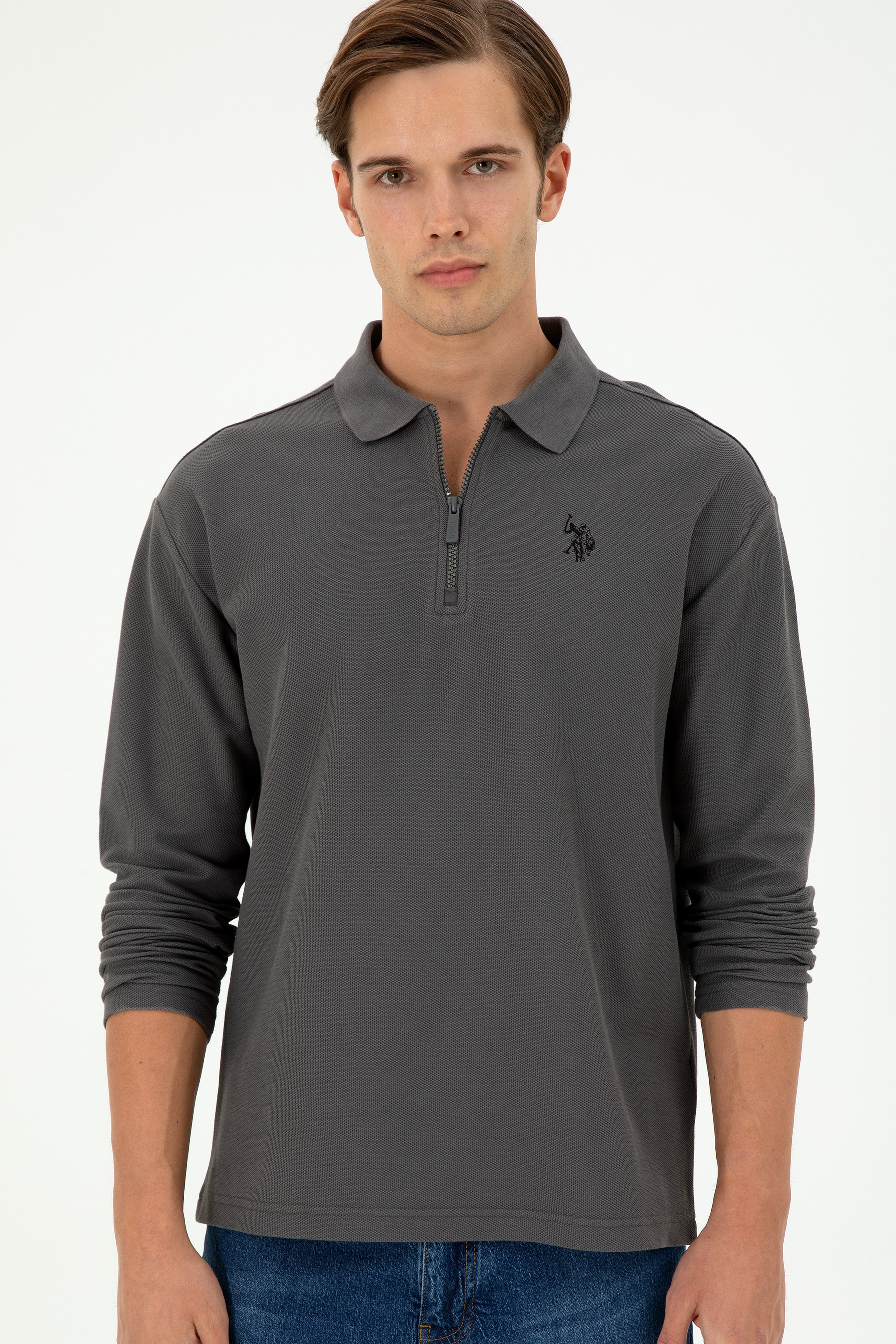 Erkek Comfort Fit Yarım Fermuarlı Antrasit Sweatshirt