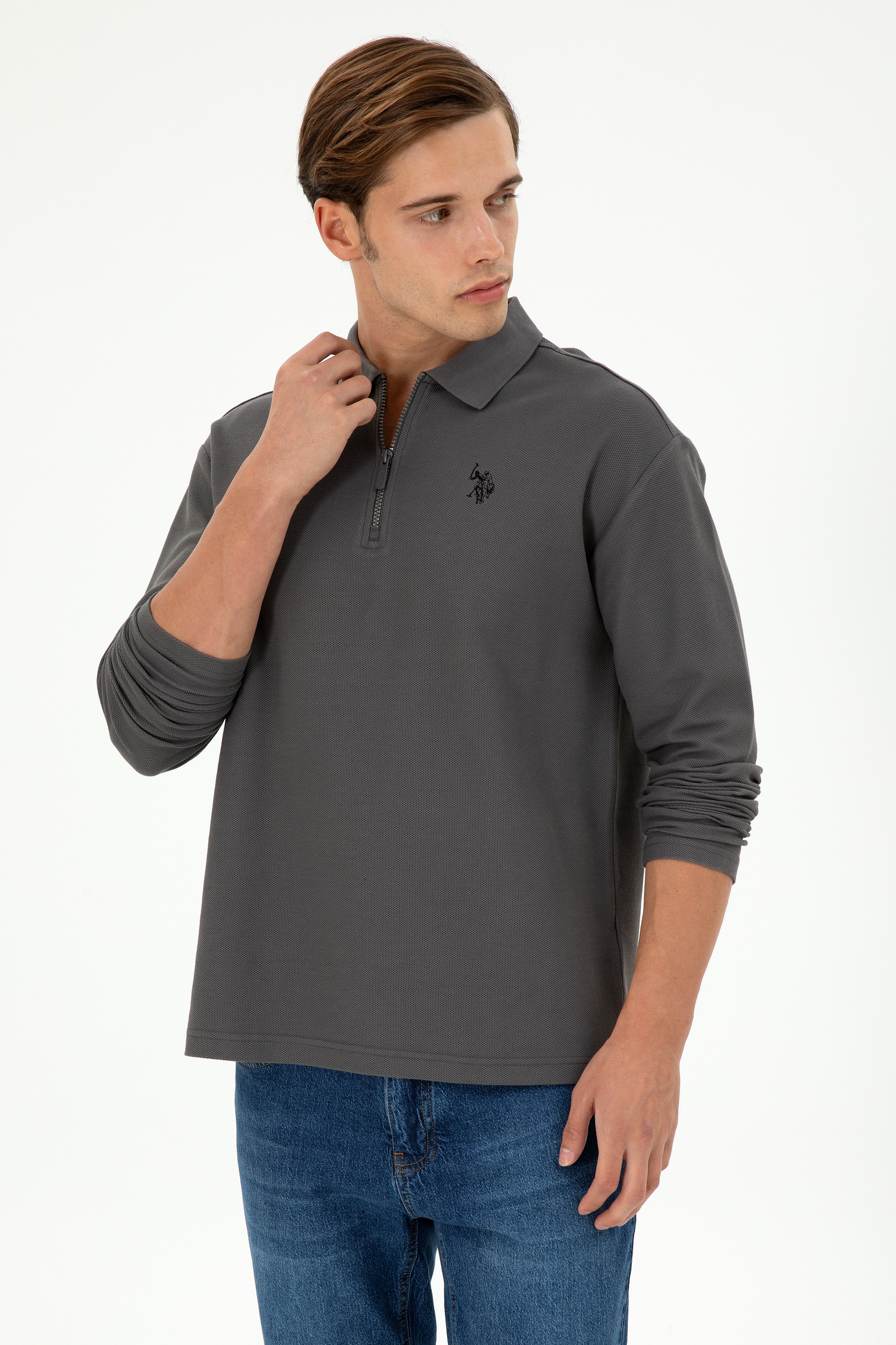 Erkek Comfort Fit Yarım Fermuarlı Antrasit Sweatshirt - Image 1