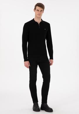 Erkek Regular Fit Yarım Fermuarlı Siyah Basic Kazak - 50298266015