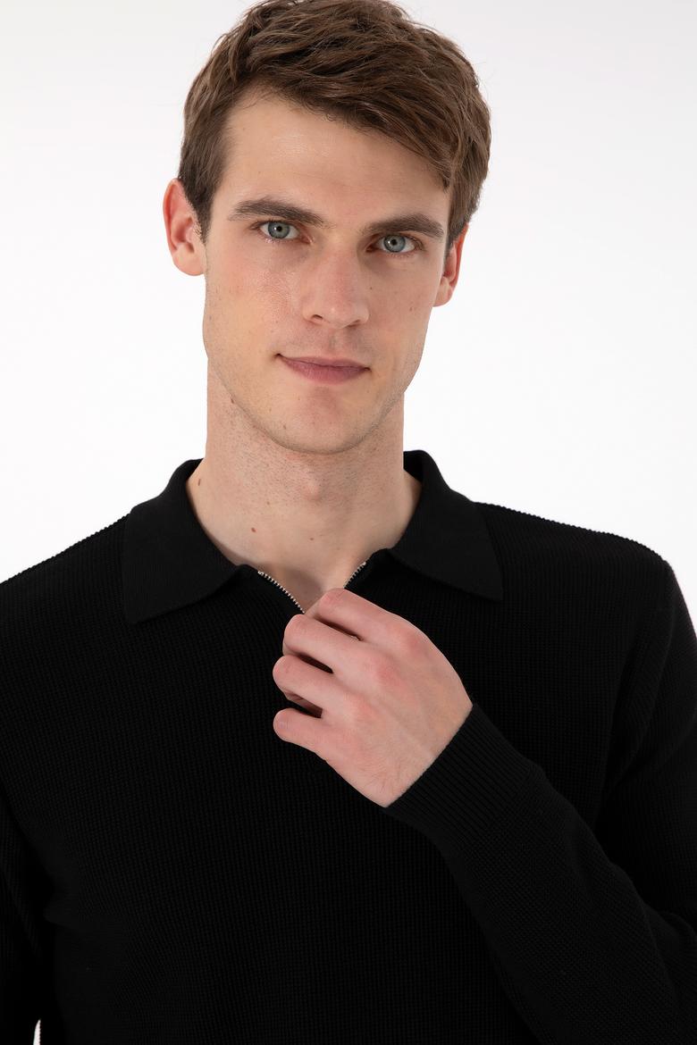 Erkek Regular Fit Yarım Fermuarlı Siyah Basic Kazak - 50298266015