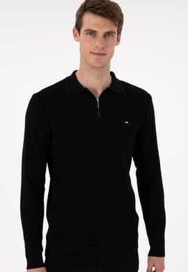 Erkek Regular Fit Yarım Fermuarlı Siyah Basic Kazak - 50298266015