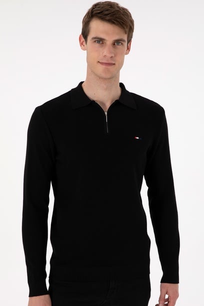 Erkek Regular Fit Yarım Fermuarlı Siyah Basic Kazak