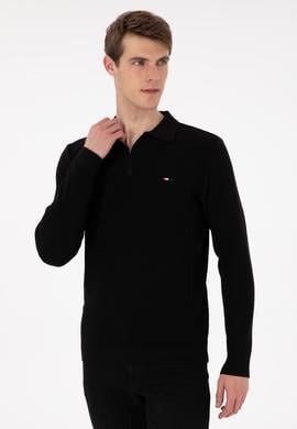 Erkek Regular Fit Yarım Fermuarlı Siyah Basic Kazak - 50298266015