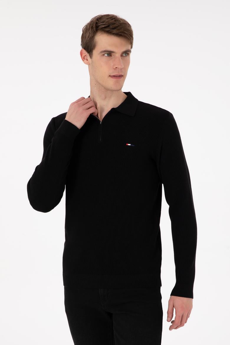 Erkek Regular Fit Yarım Fermuarlı Siyah Basic Kazak