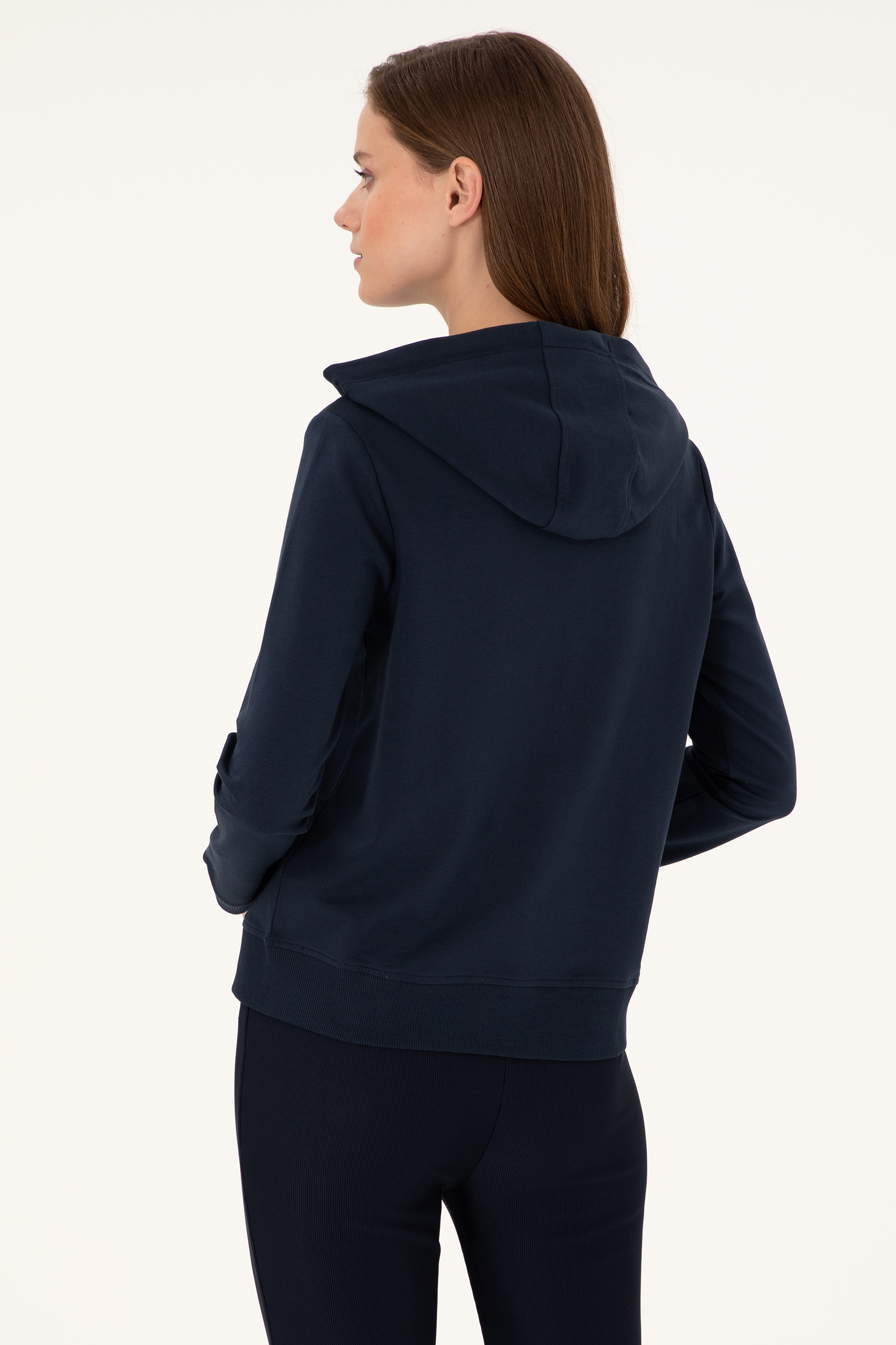 Kadın Lacivert Kapüşonlu Fermuarlı Sweatshirt - Image 5