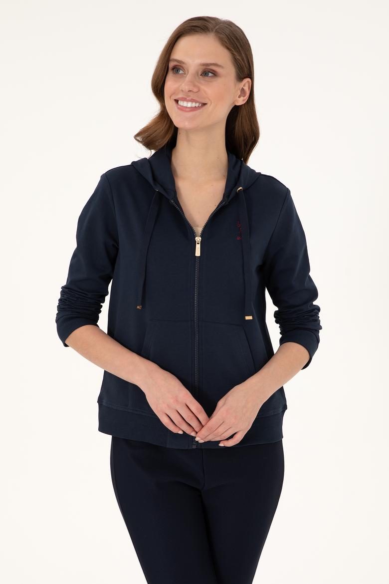 Kadın Lacivert Kapüşonlu Fermuarlı Sweatshirt