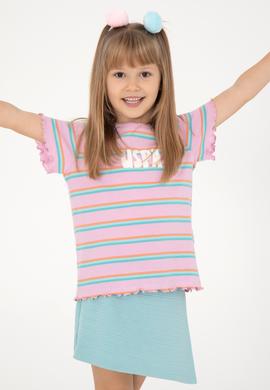 Kız Çocuk Neon Pembe Bisiklet Yaka Basic Tişört - 50294737027