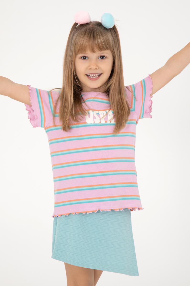 Kız Çocuk Neon Pembe Bisiklet Yaka Basic Tişört