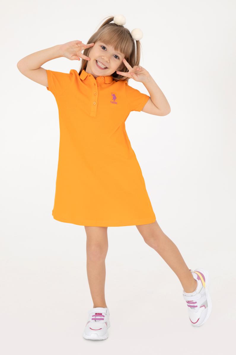 Kız Çocuk Turuncu Polo Yaka Örme Elbise