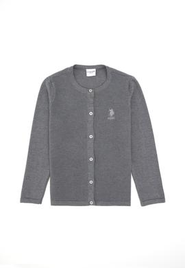 Kız Çocuk Gri Melanj Bisiklet Yaka Triko Hırka - 50294745044