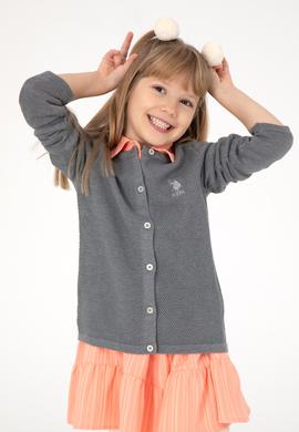 Kız Çocuk Gri Melanj Bisiklet Yaka Triko Hırka - 50294745044