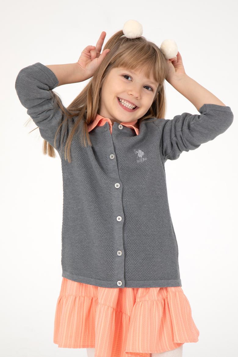 Kız Çocuk Gri Melanj Bisiklet Yaka Triko Hırka