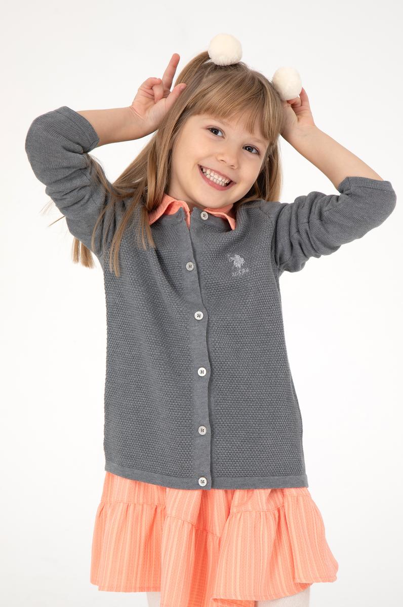 Kız Çocuk Gri Melanj Bisiklet Yaka Triko Hırka