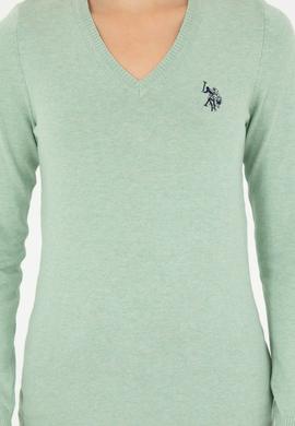 Kadın Yeşil Melanj V Yaka Basic Kazak - 50293542096