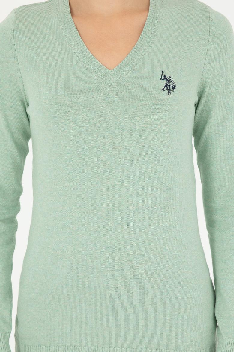 Kadın Yeşil Melanj V Yaka Basic Kazak - 50293542096