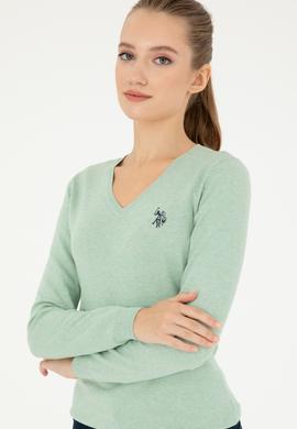 Kadın Yeşil Melanj V Yaka Basic Kazak - 50293542096