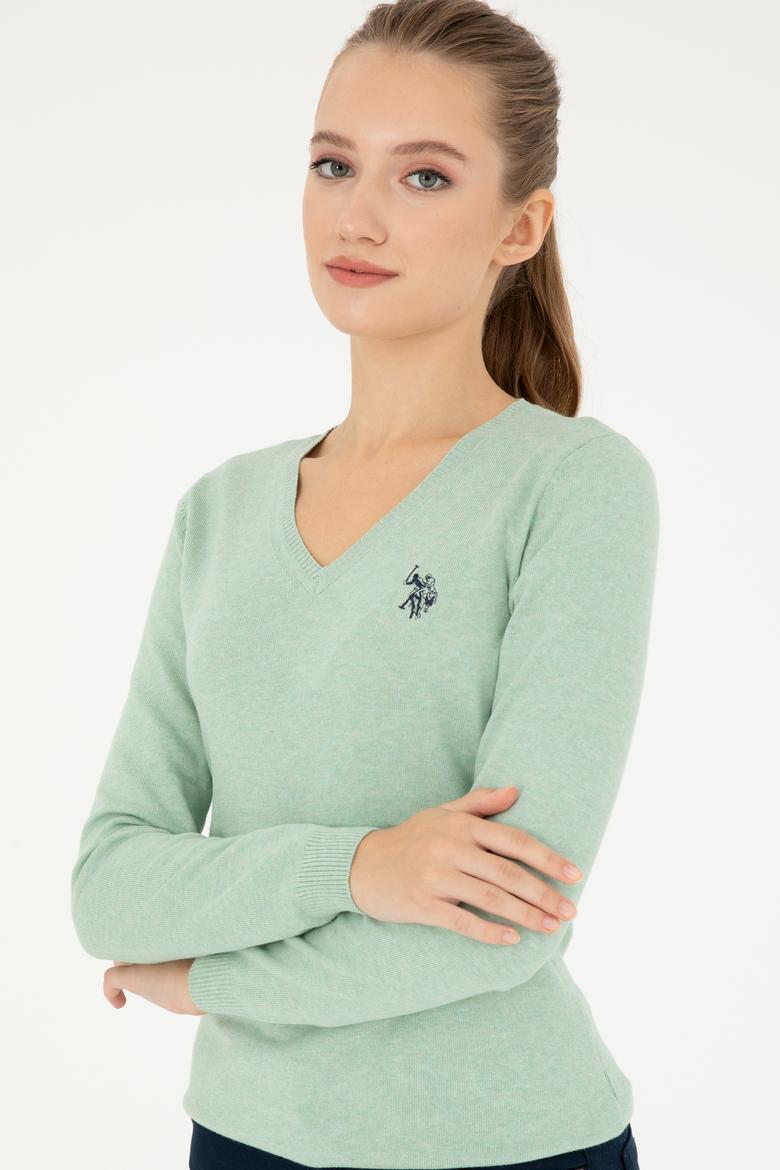 Kadın Yeşil Melanj V Yaka Basic Kazak - 50293542096