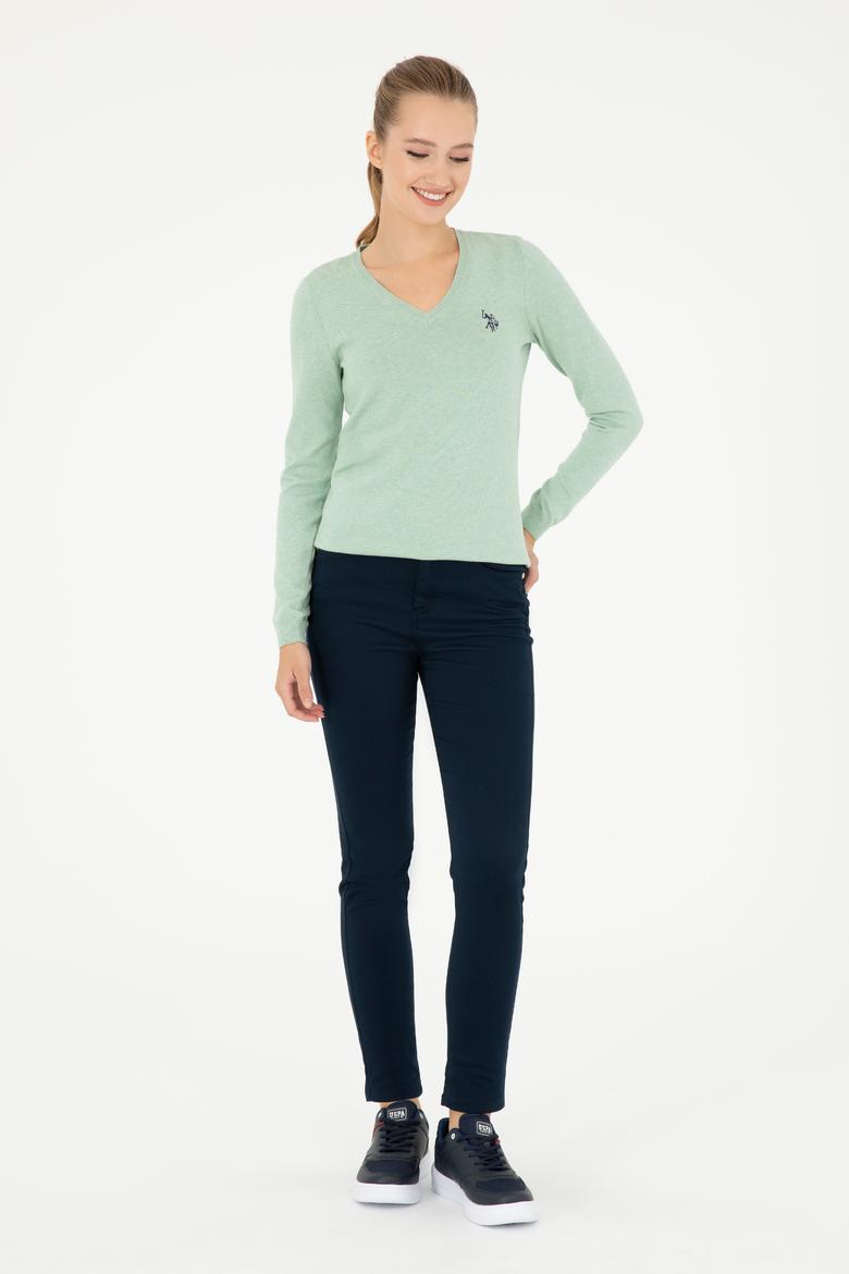 Kadın Yeşil Melanj V Yaka Basic Kazak - 50293542096