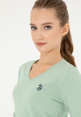 Kadın Yeşil Melanj V Yaka Basic Kazak - 50293542096