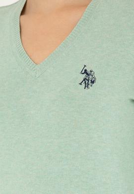 Kadın Yeşil Melanj V Yaka Basic Kazak - 50293542096