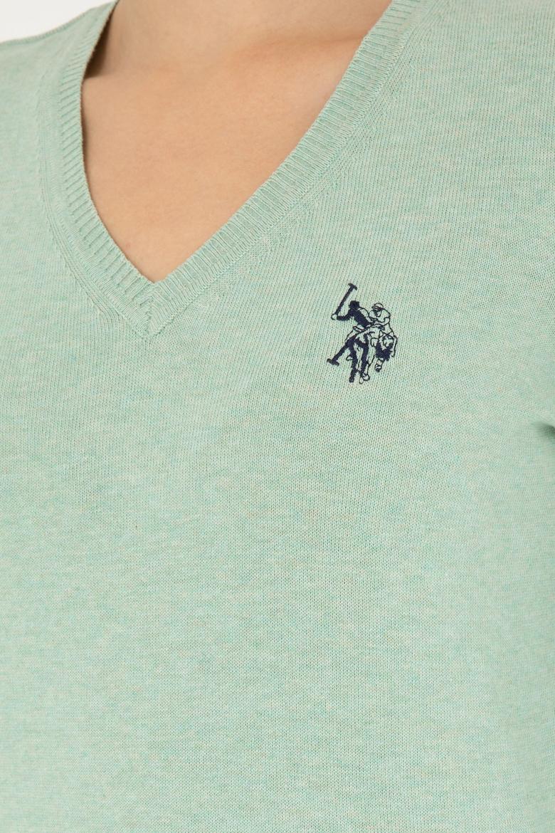 Kadın Yeşil Melanj V Yaka Basic Kazak - 50293542096