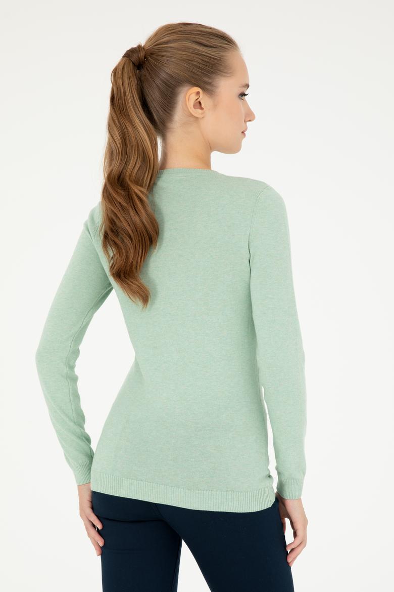 Kadın Yeşil Melanj V Yaka Basic Kazak - 50293542096