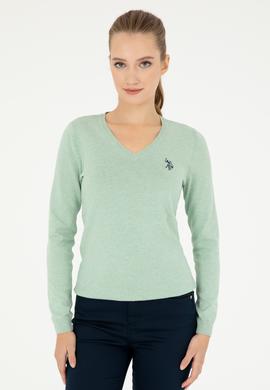 Kadın Yeşil Melanj V Yaka Basic Kazak - 50293542096