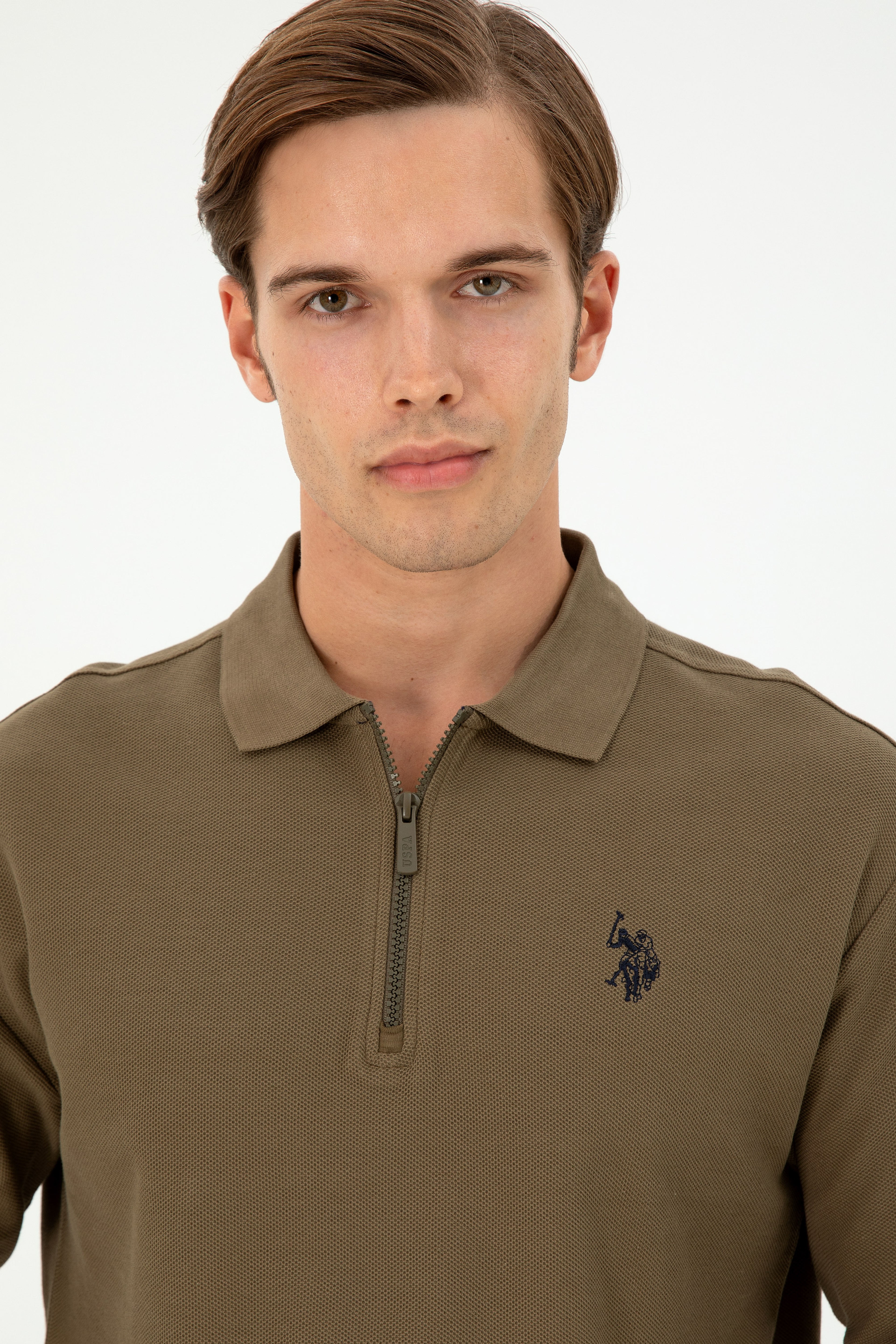 Erkek Comfort Fit Yarım Fermuarlı Haki Sweatshirt - Image 2