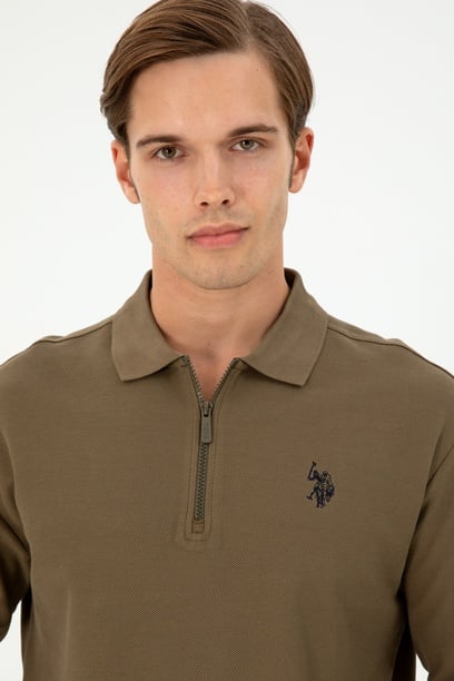 Erkek Comfort Fit Yarım Fermuarlı Haki Sweatshirt