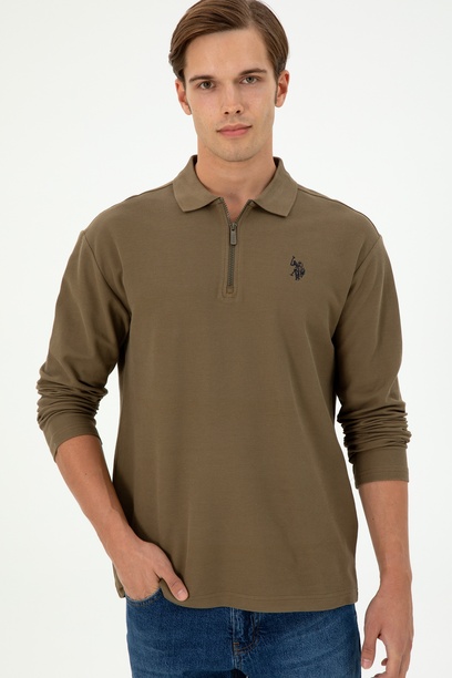 Erkek Comfort Fit Yarım Fermuarlı Haki Sweatshirt