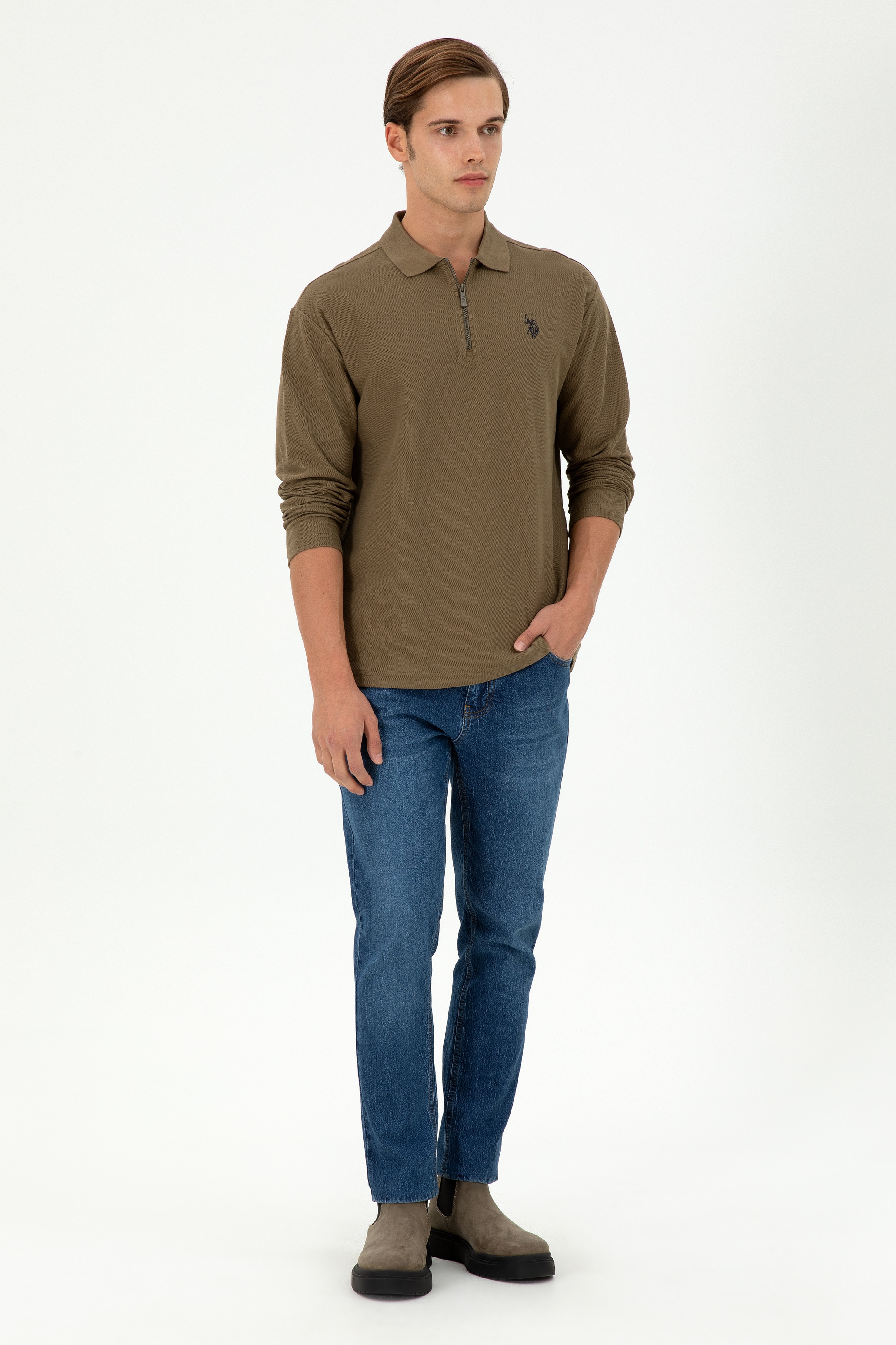 Erkek Comfort Fit Yarım Fermuarlı Haki Sweatshirt - Image 4