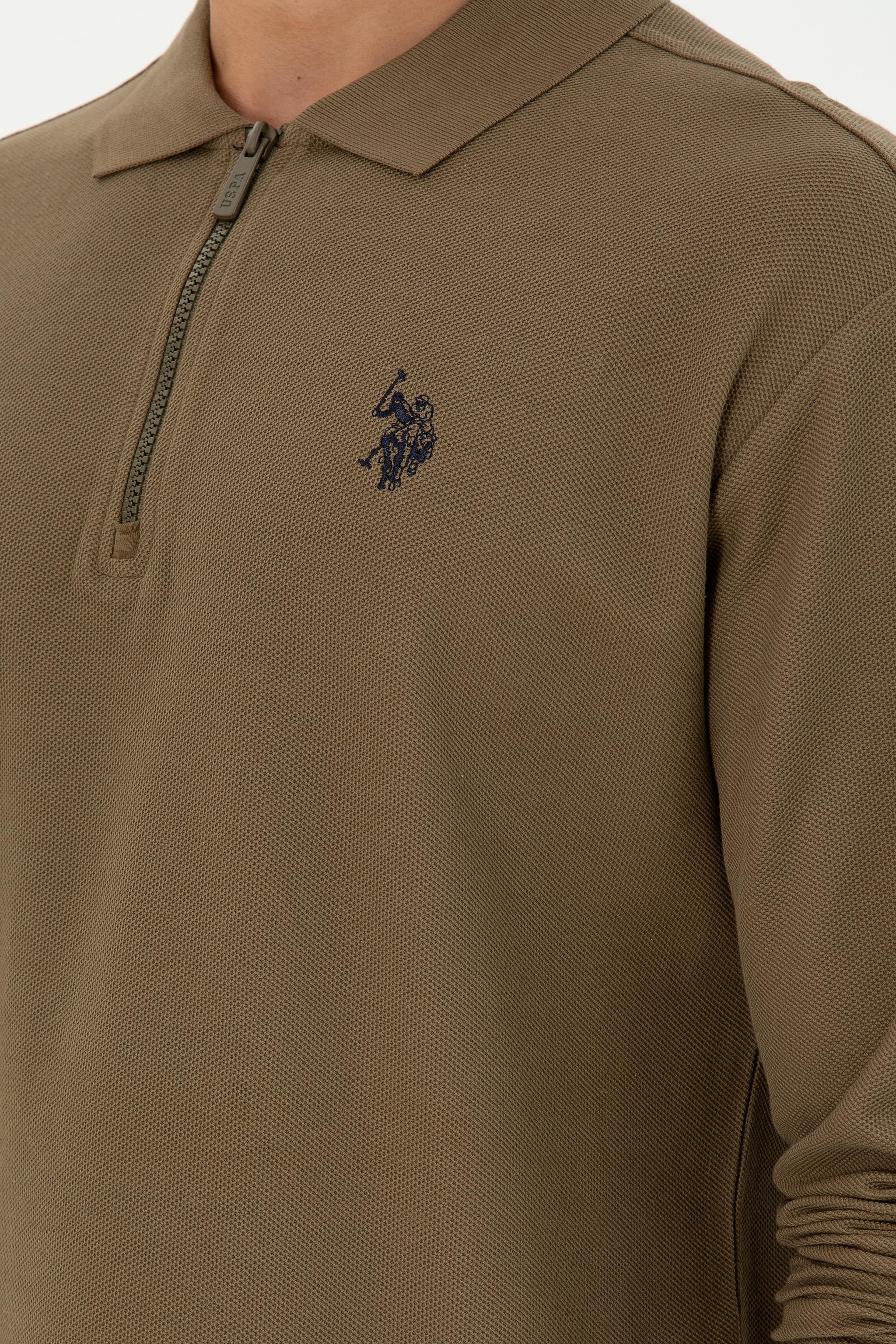 Erkek Comfort Fit Yarım Fermuarlı Haki Sweatshirt - Image 7