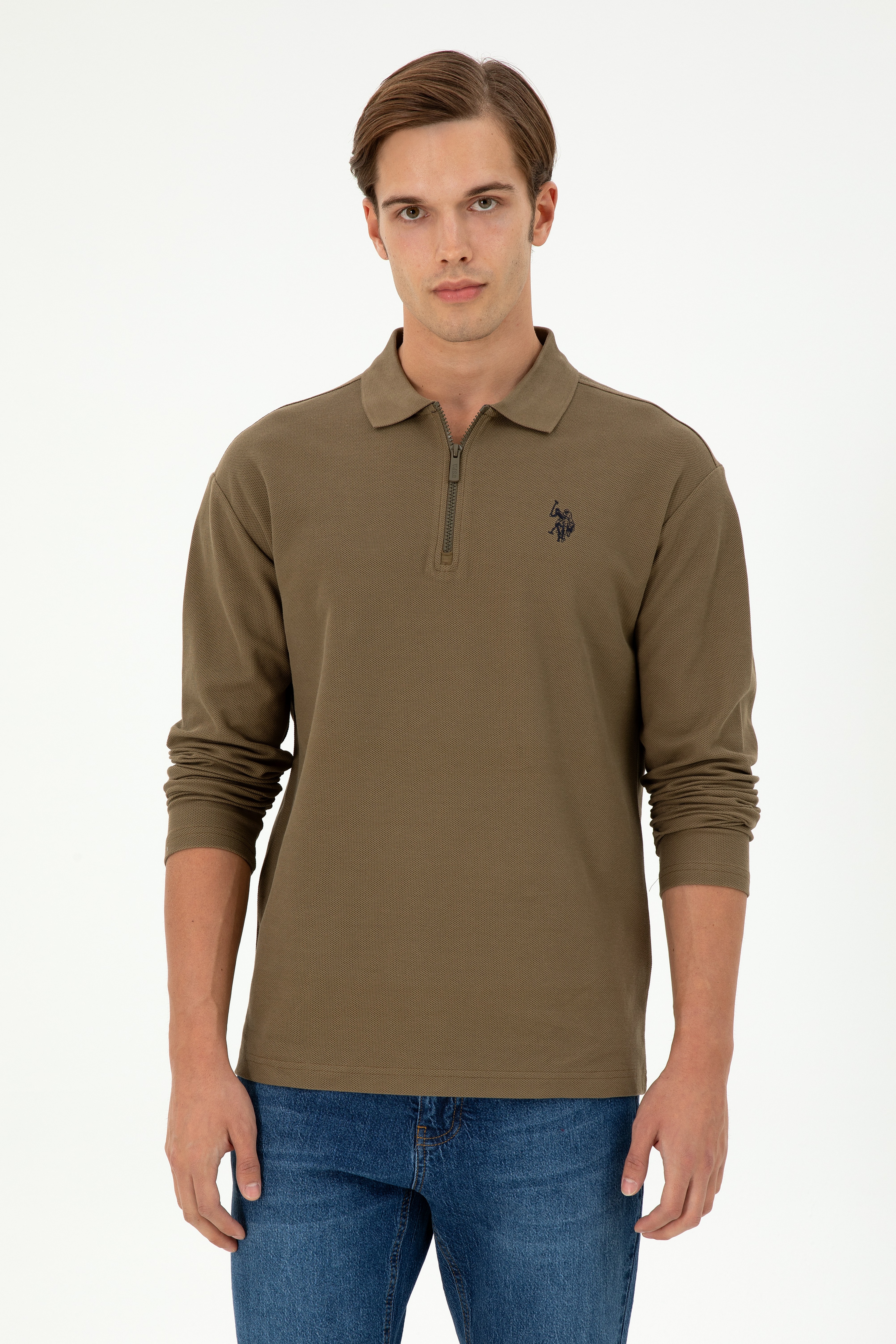 Erkek Comfort Fit Yarım Fermuarlı Haki Sweatshirt - Image 1