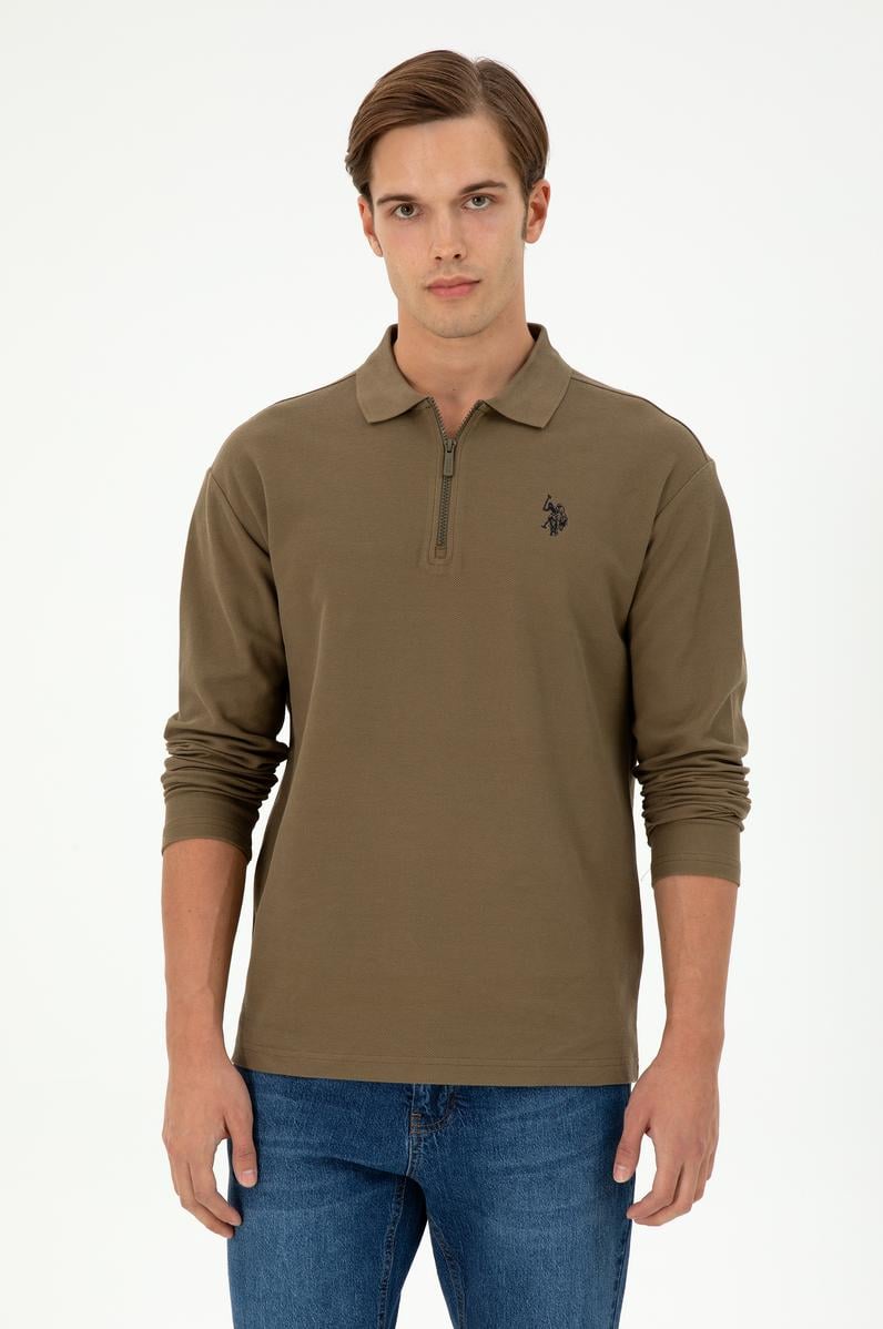 Erkek Comfort Fit Yarım Fermuarlı Haki Sweatshirt