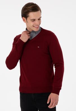 Erkek Slim Fit V Yaka Bordo Basic Kazak - 50298283007