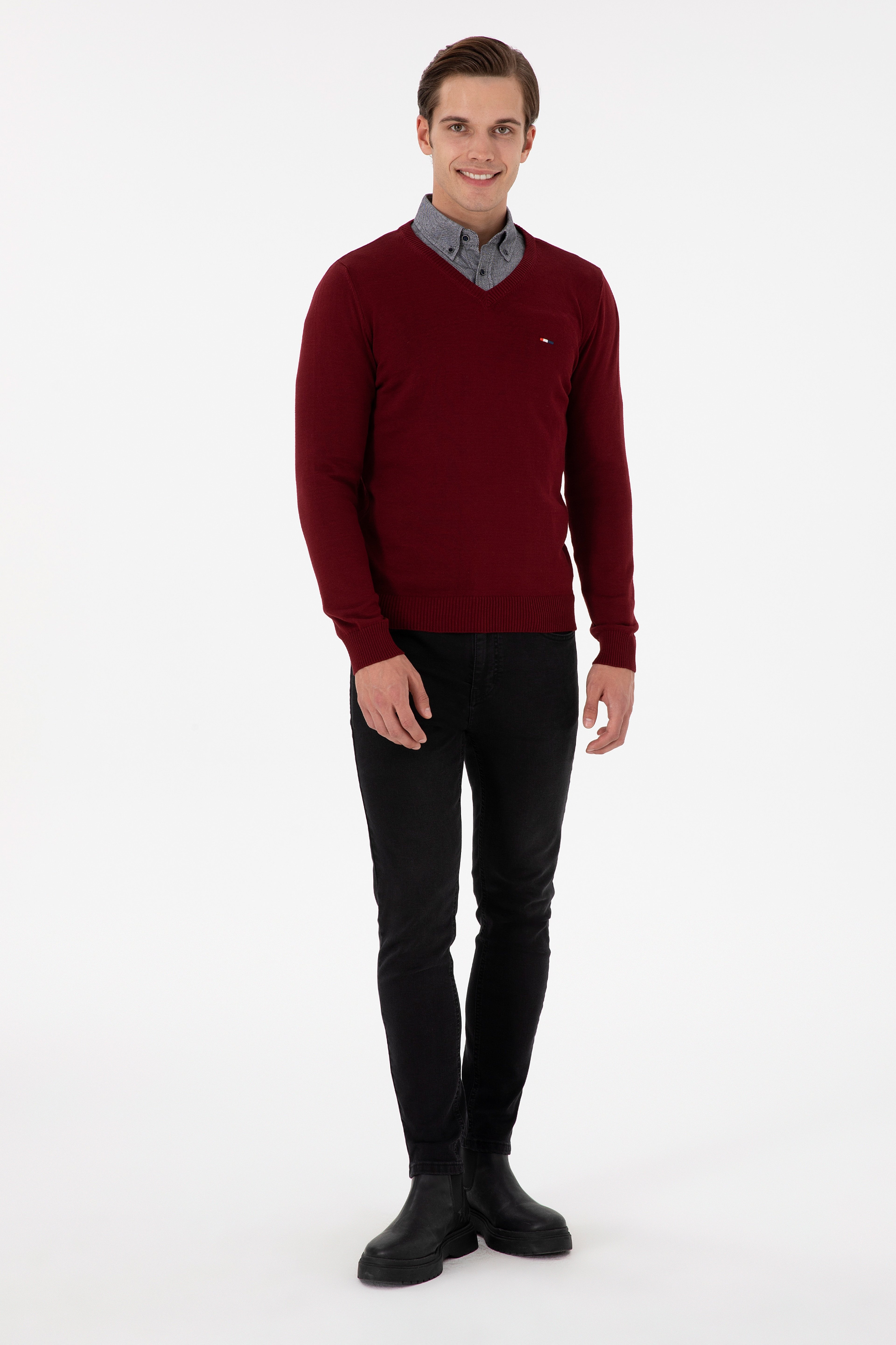 Erkek Slim Fit V Yaka Bordo Basic Kazak - Image 4
