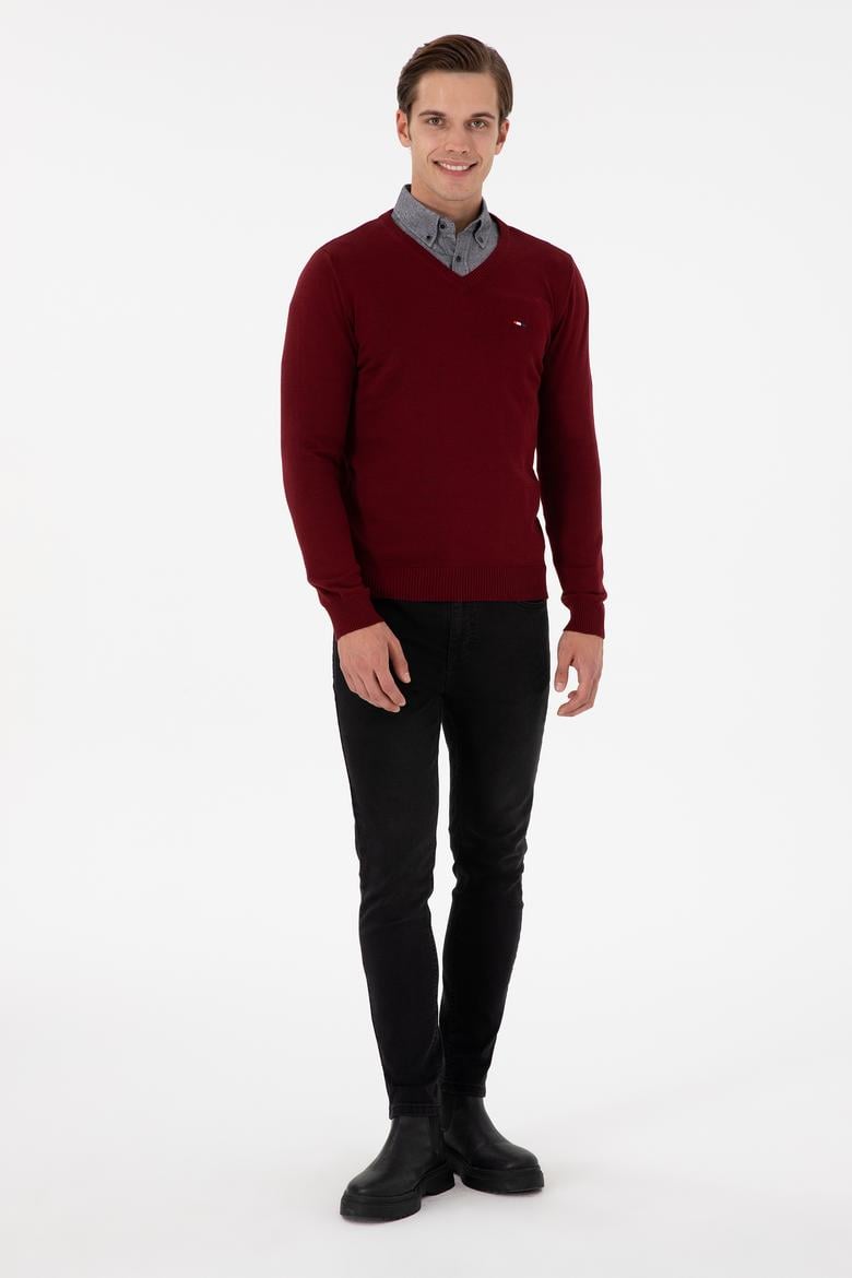 Erkek Slim Fit V Yaka Bordo Basic Kazak - 50298283007
