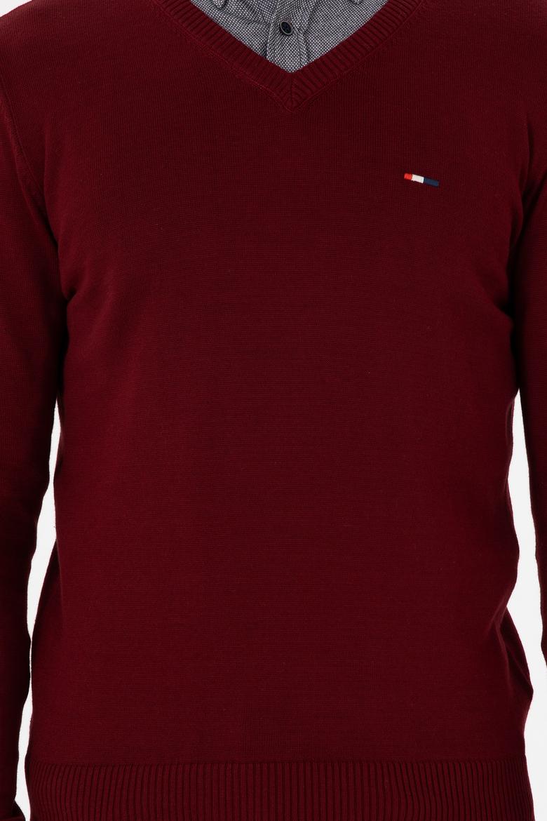Erkek Slim Fit V Yaka Bordo Basic Kazak - 50298283007
