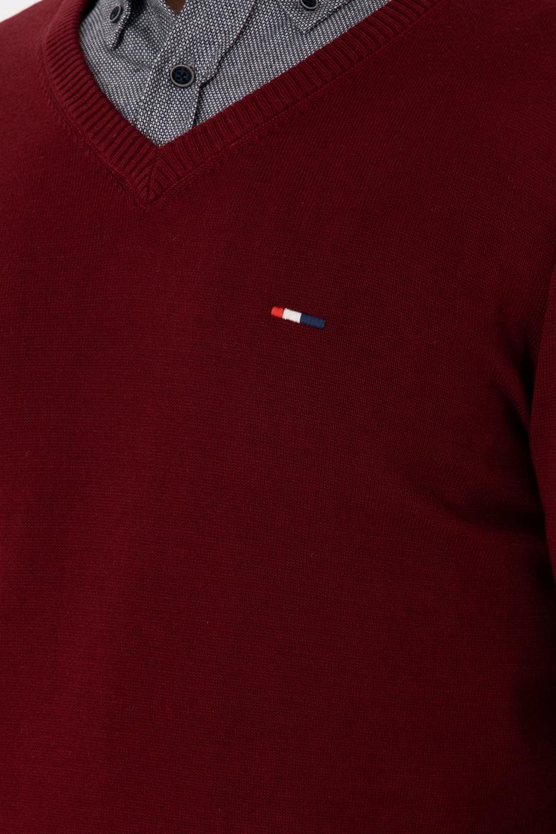 Erkek Slim Fit V Yaka Bordo Basic Kazak - 50298283007