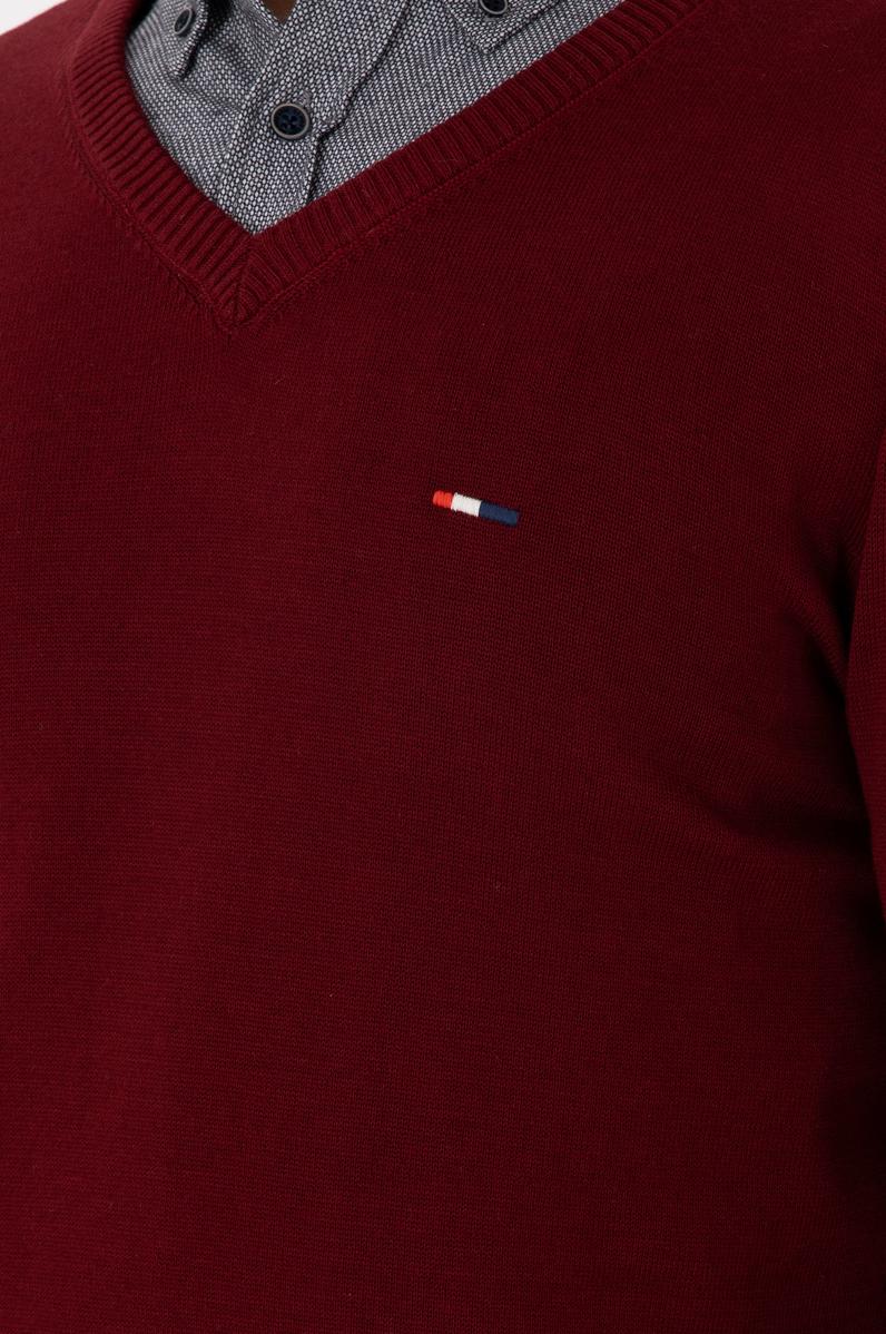 Erkek Slim Fit V Yaka Bordo Basic Kazak