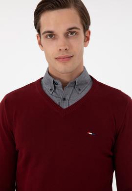Erkek Slim Fit V Yaka Bordo Basic Kazak - 50298283007