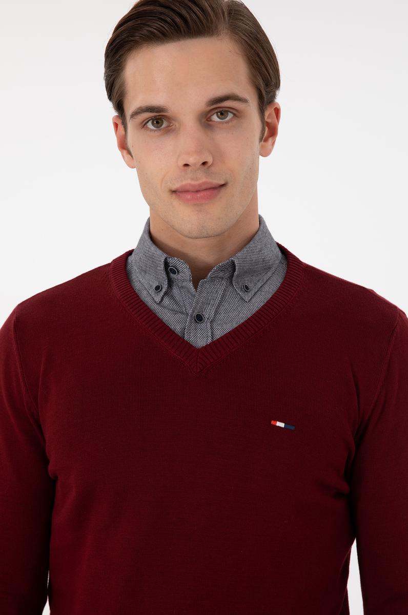 Erkek Slim Fit V Yaka Bordo Basic Kazak