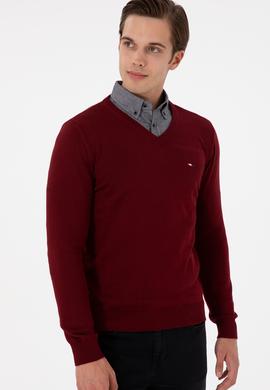 Erkek Slim Fit V Yaka Bordo Basic Kazak - 50298283007