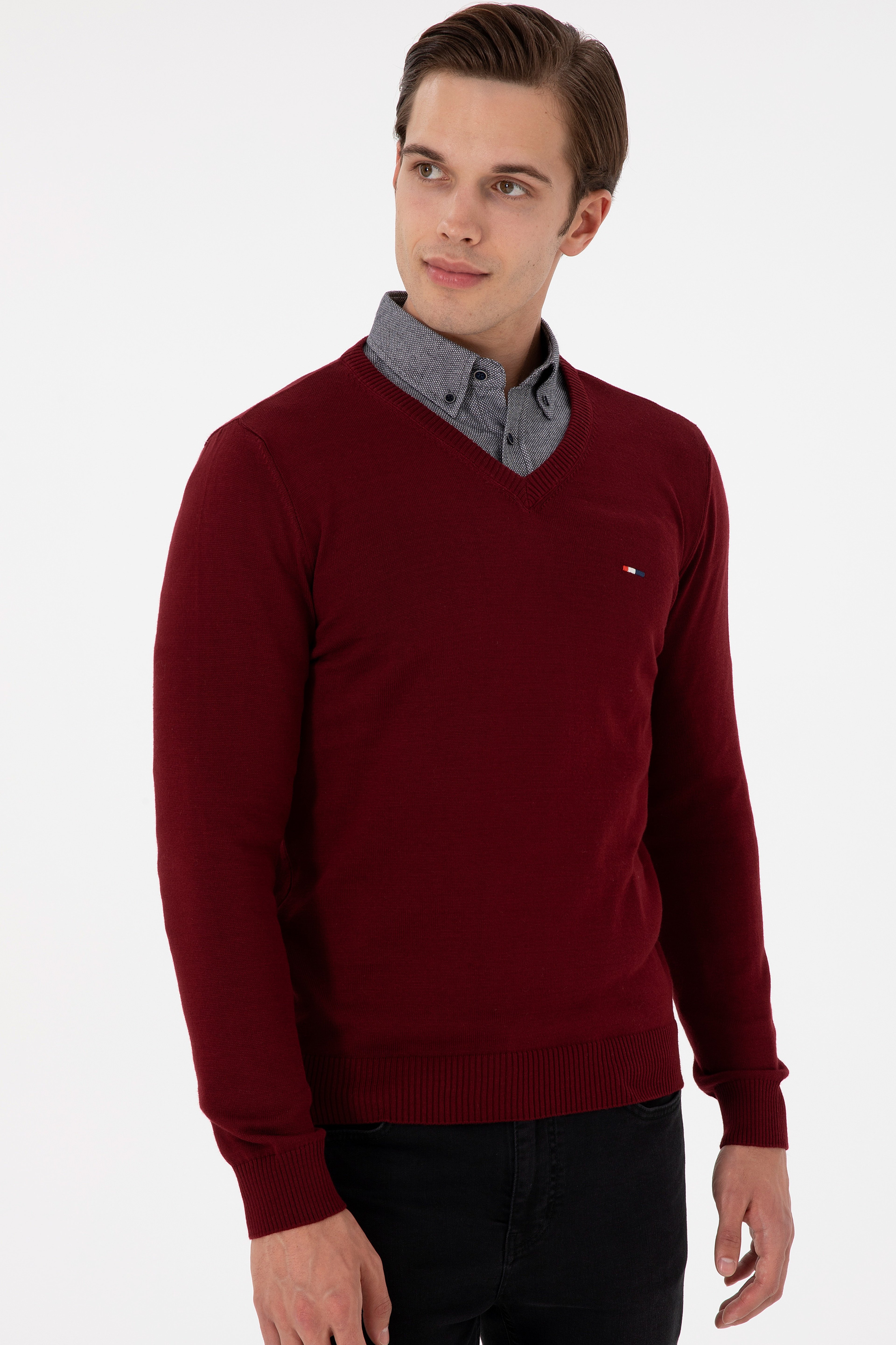 Erkek Slim Fit V Yaka Bordo Basic Kazak