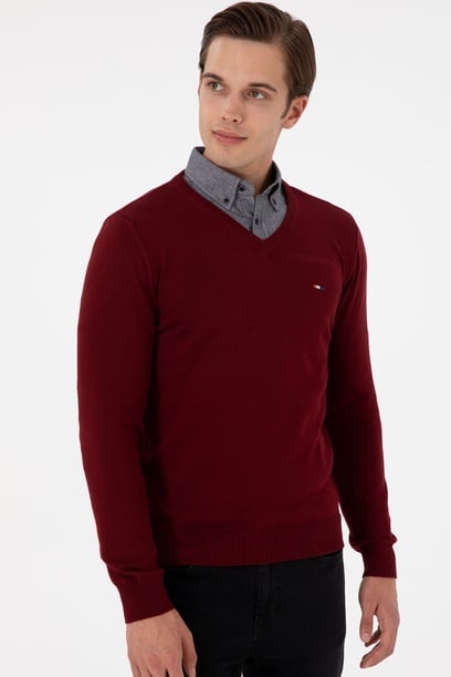 Erkek Slim Fit V Yaka Bordo Basic Kazak