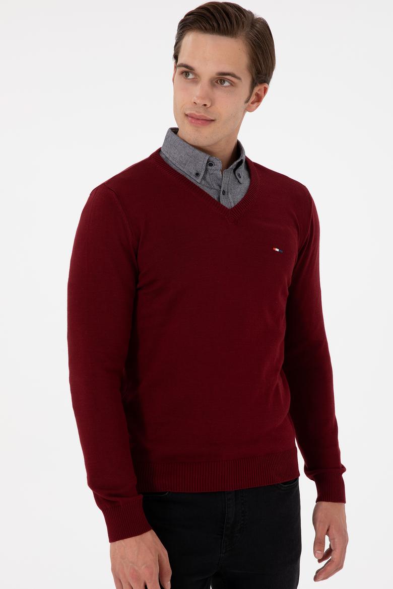 Erkek Slim Fit V Yaka Bordo Basic Kazak - 50298283007